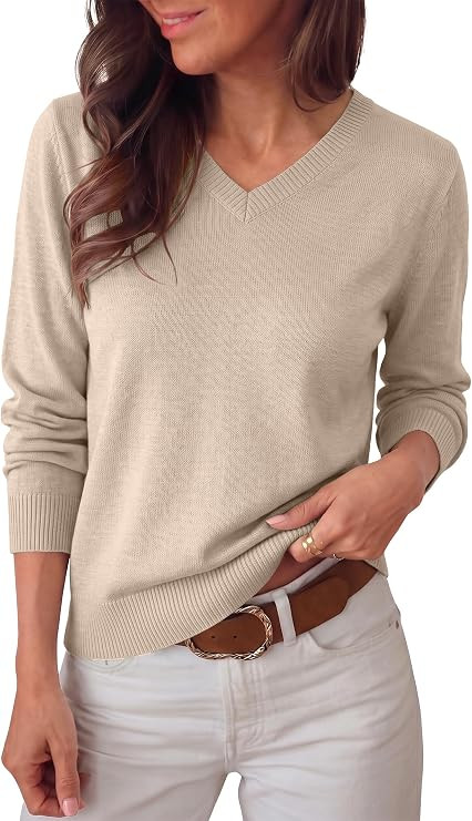 ANRABESS Women Fall Long Sleeve V Neck Lightweight Sweaters | High V-Neck Cozy Knit Pullover Tops... | Amazon (US)