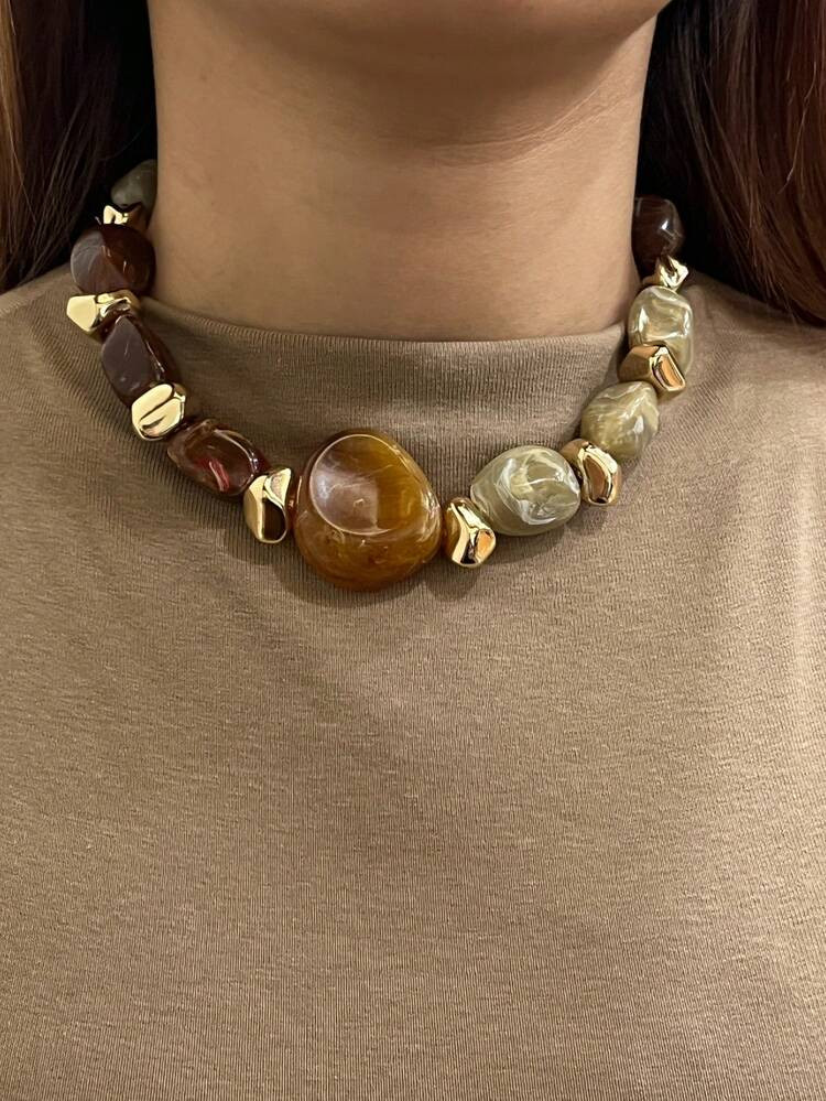 1pc Fashionable Retro Exaggerated Bohemian Style Thick Brown Acrylic Beaded Necklace, Suitable Fo... | SHEIN