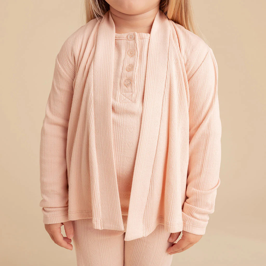 Solid Pink Long Sleeve Dusty Blush Pointelle Fly Away Cardigan | Posh Peanut® | Posh Peanut