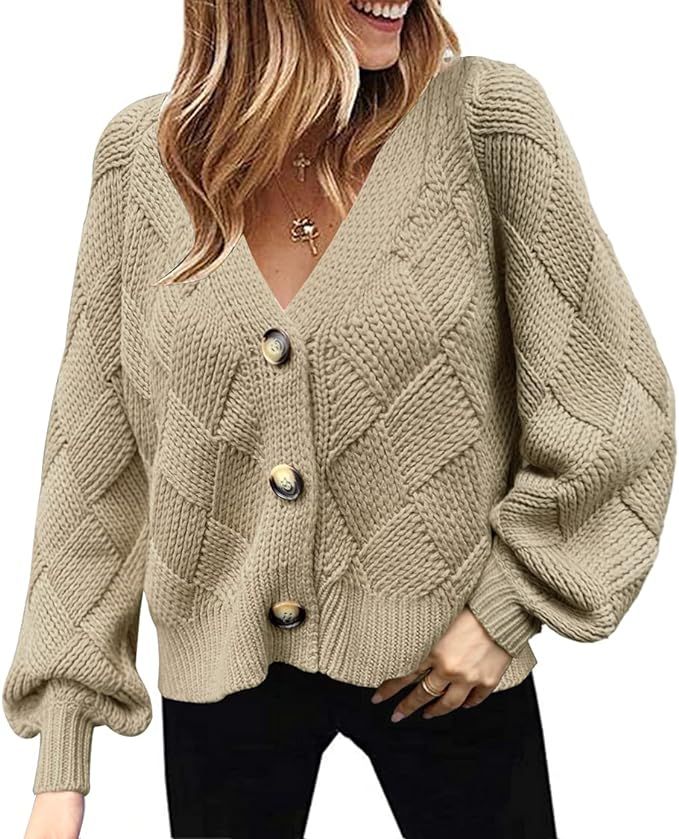 Asskdan Women's V Neckline Button Down Knitwear Lantern Sleeve Basic Knit Cardigan Sweater Tops | Amazon (US)