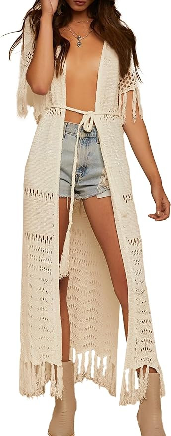Beautiful Nomad Women's Crochet Knit Bikini Cover Up Boho Long Beach Kimono Hollow Out Tassel Swi... | Amazon (US)