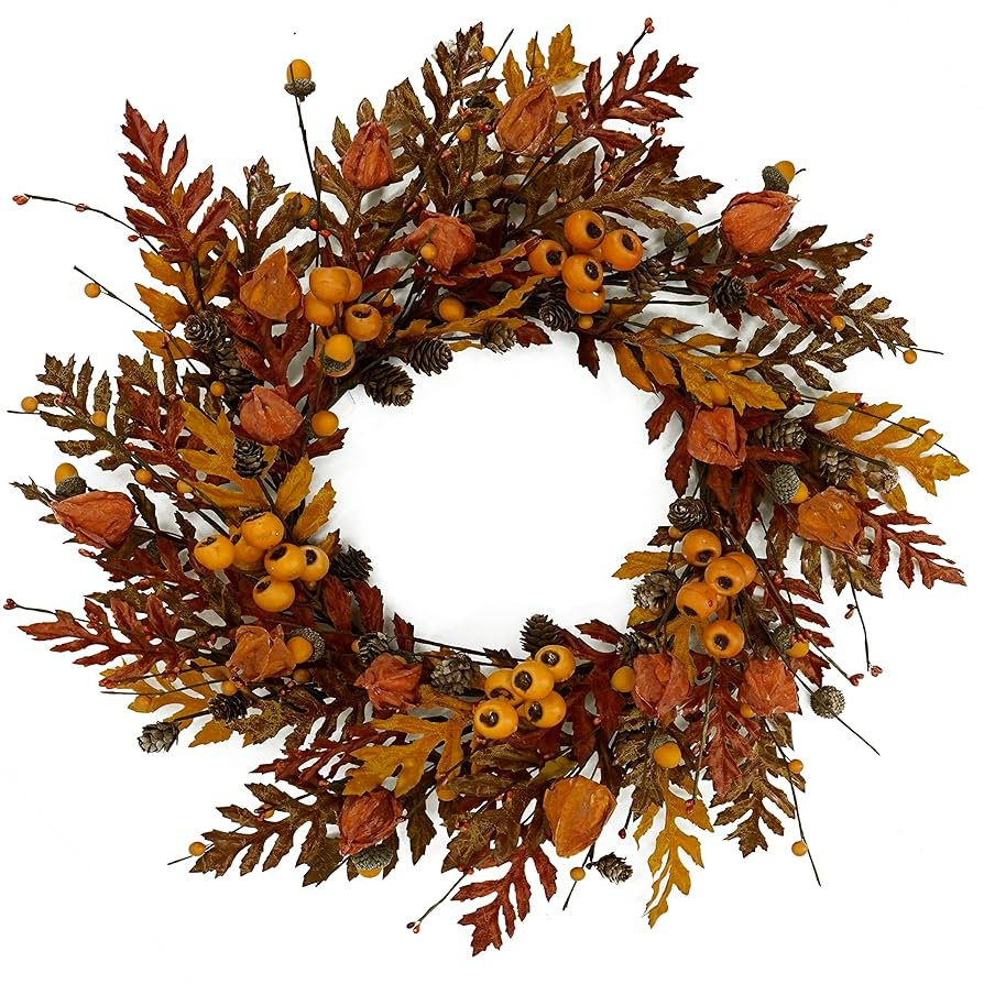 20 inch Fall Wreath Autumn Oak Leaves Wreath with Cape Gooseberry,Oak Leaf,Acorn,Berry,Pine Cone ... | Amazon (US)