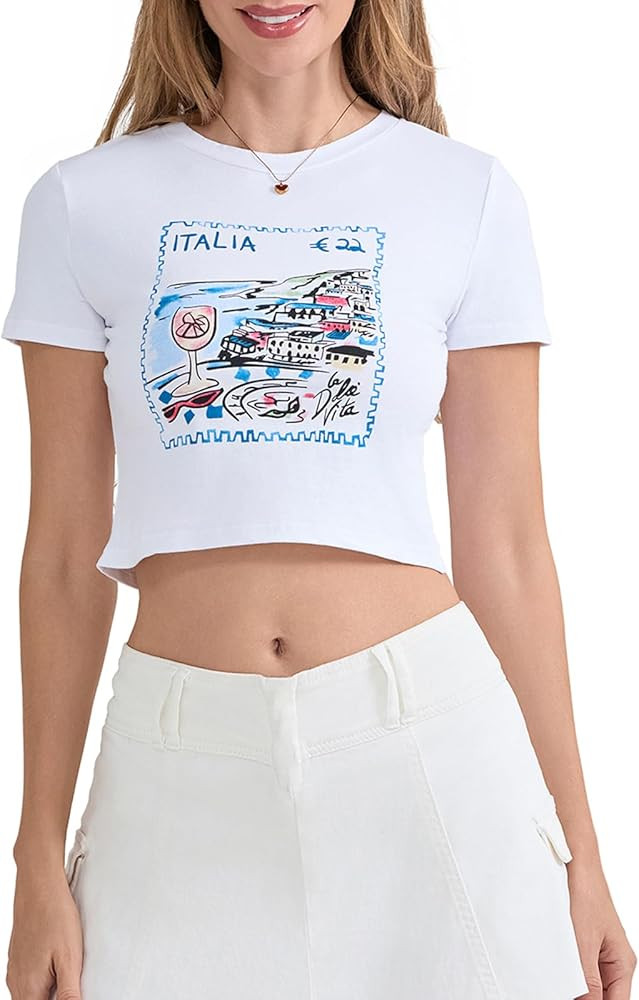 Y2k Graphic Baby Tees Women Teen Girl Fruit Print Crop Top Short Sleeve Slim Fit Vintage Aestheti... | Amazon (US)