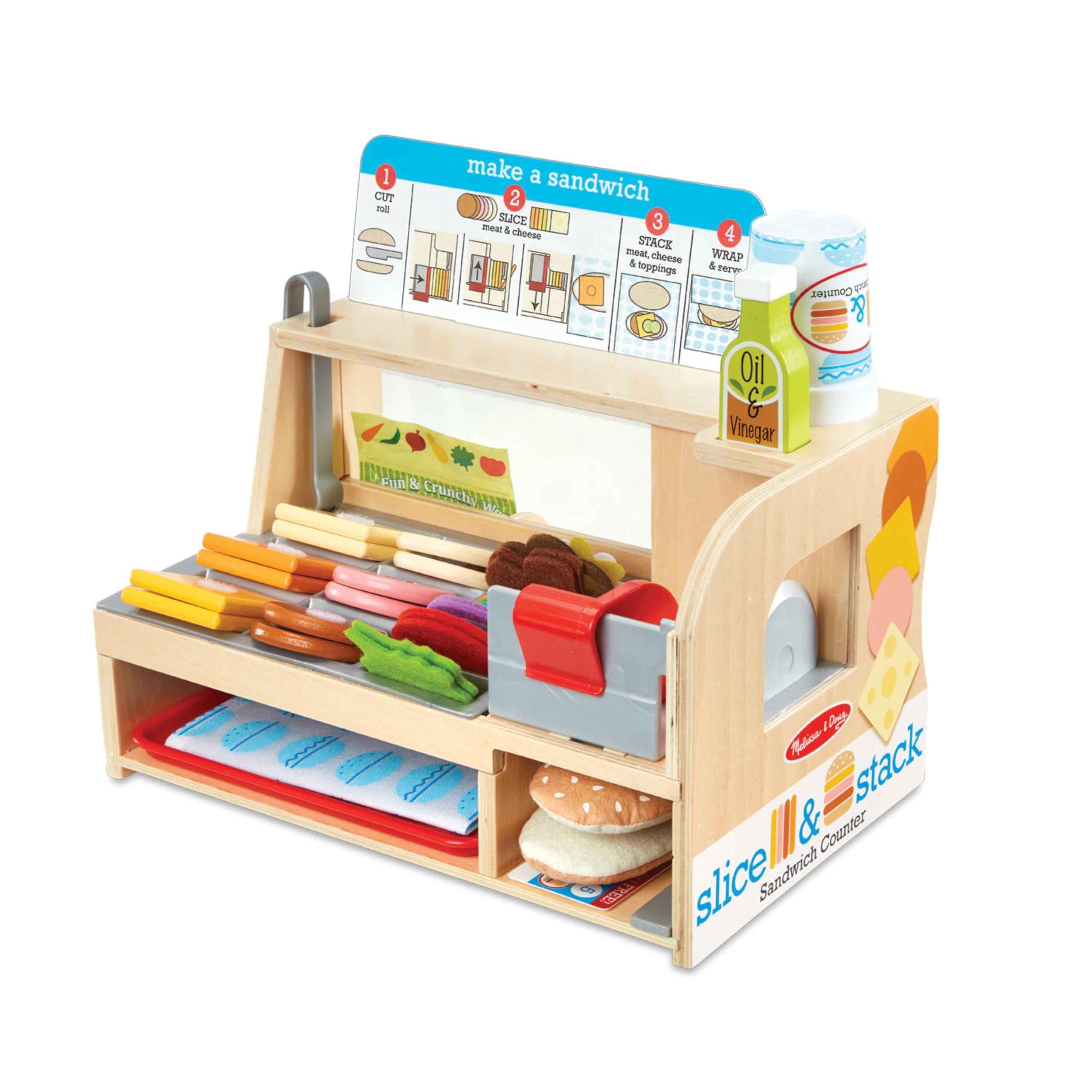 Melissa & Doug Wooden Slice & Stack Sandwich Counter with Deli Slicer – 56-Piece Pretend Play W... | Amazon (US)