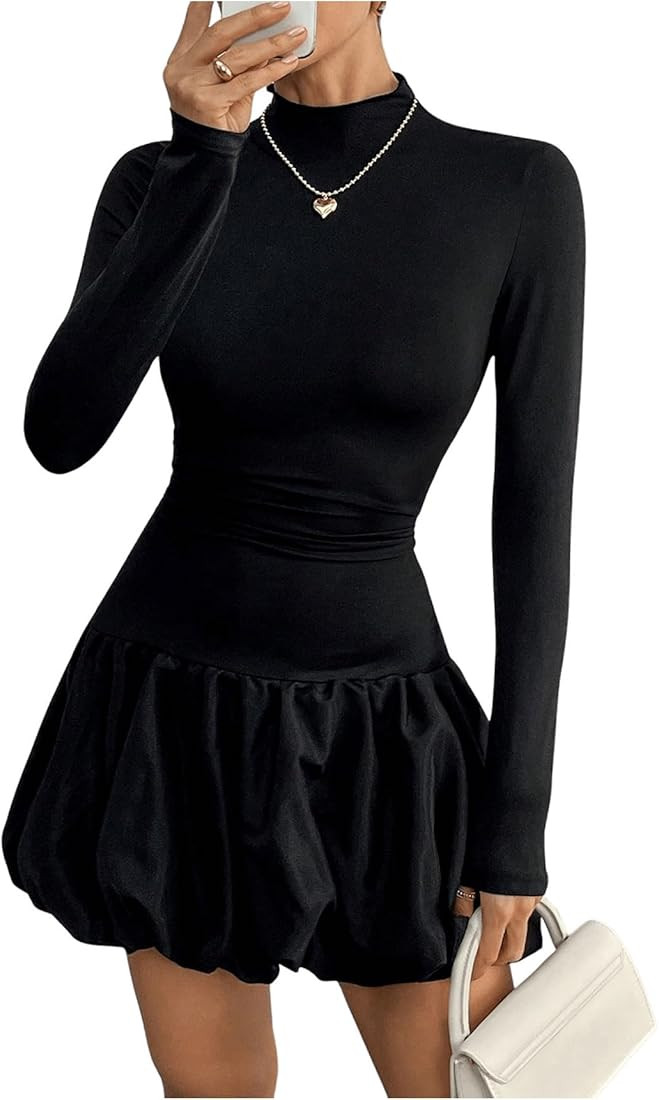 MakeMeChic Women's Mock Neck Long Sleeve Lettuce Trim Ruffle Slim Fit A Line Mini Dress | Amazon (US)