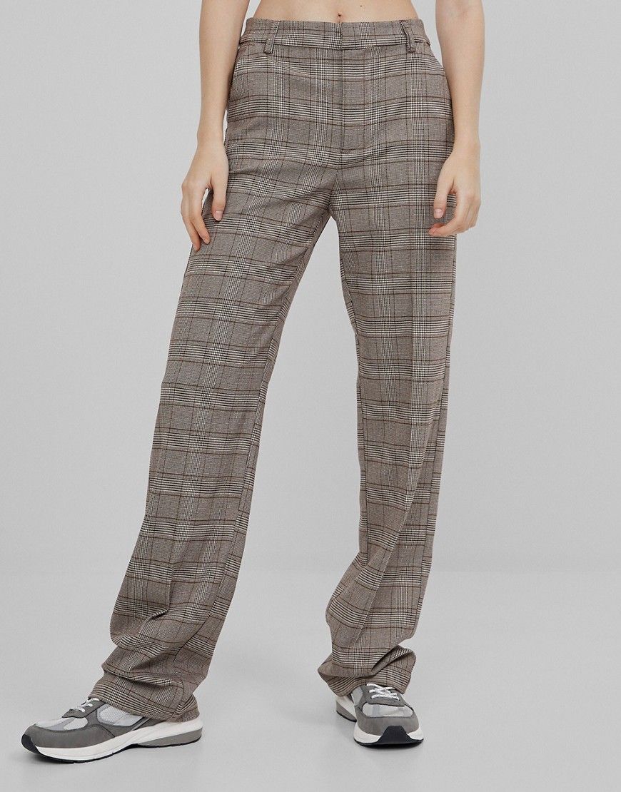 Bershka recycled polyester slouchy tailored plaid pants in brown | ASOS (Global)