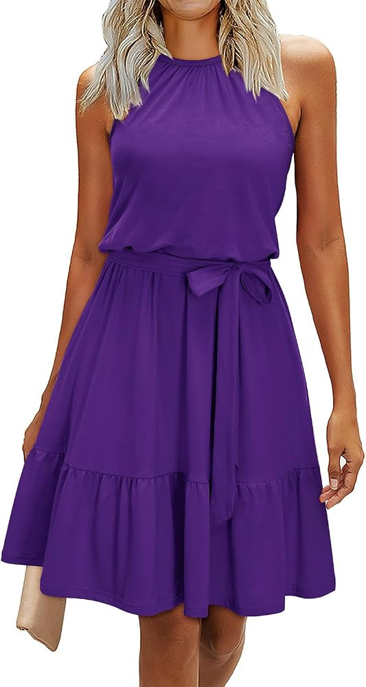 Newshows Womens 2026 Summer Dress Halter Wedding Guest Casual Beach Vacation Outfits Belted Sundr... | Amazon (US)