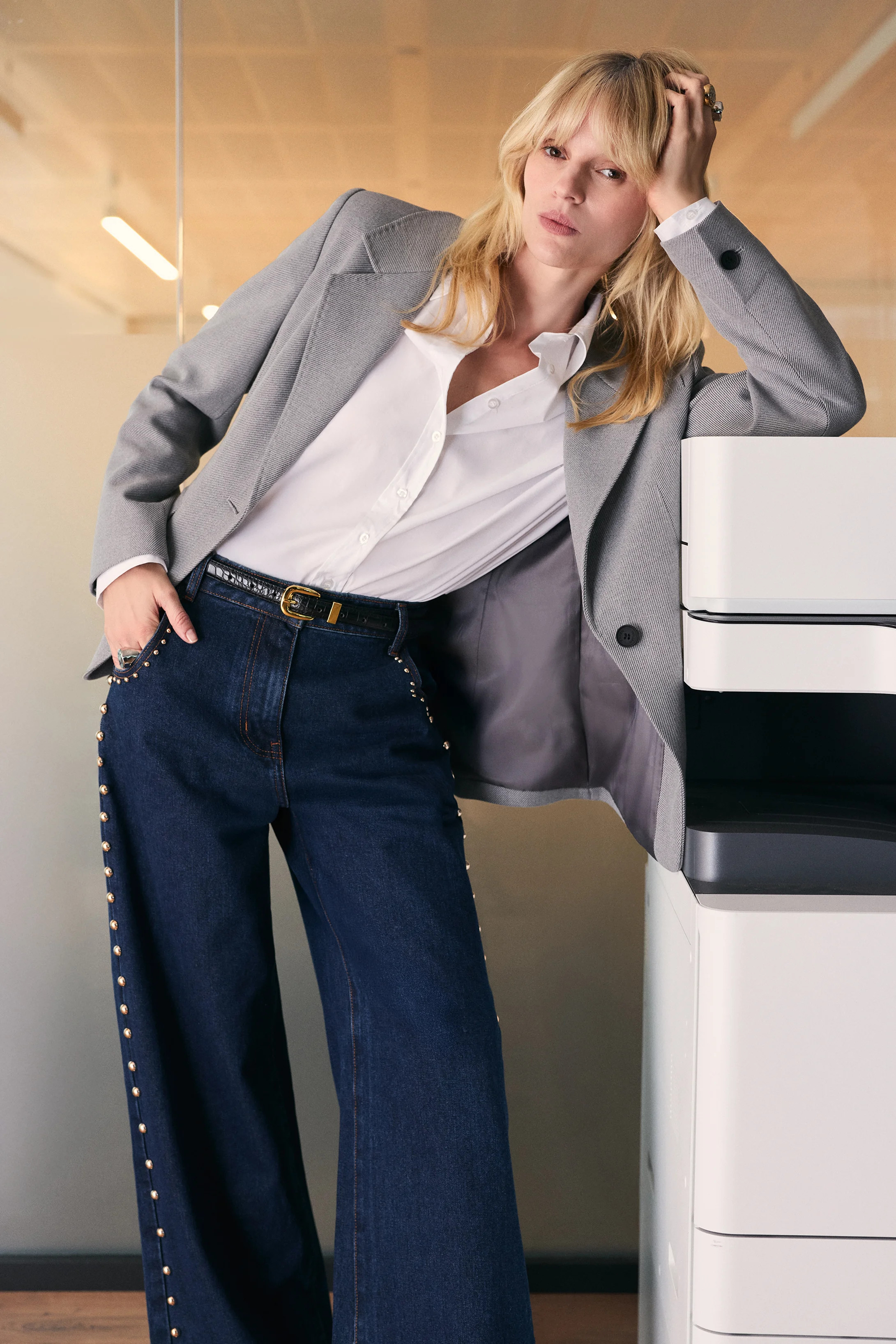 Denim Studded Wide Leg Trouser | Karen Millen UK + IE + DE + NL