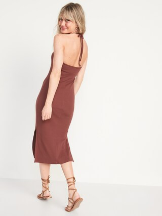 Fitted Sleeveless Halter Rib-Knit Midi Dress for Women | Old Navy (US)