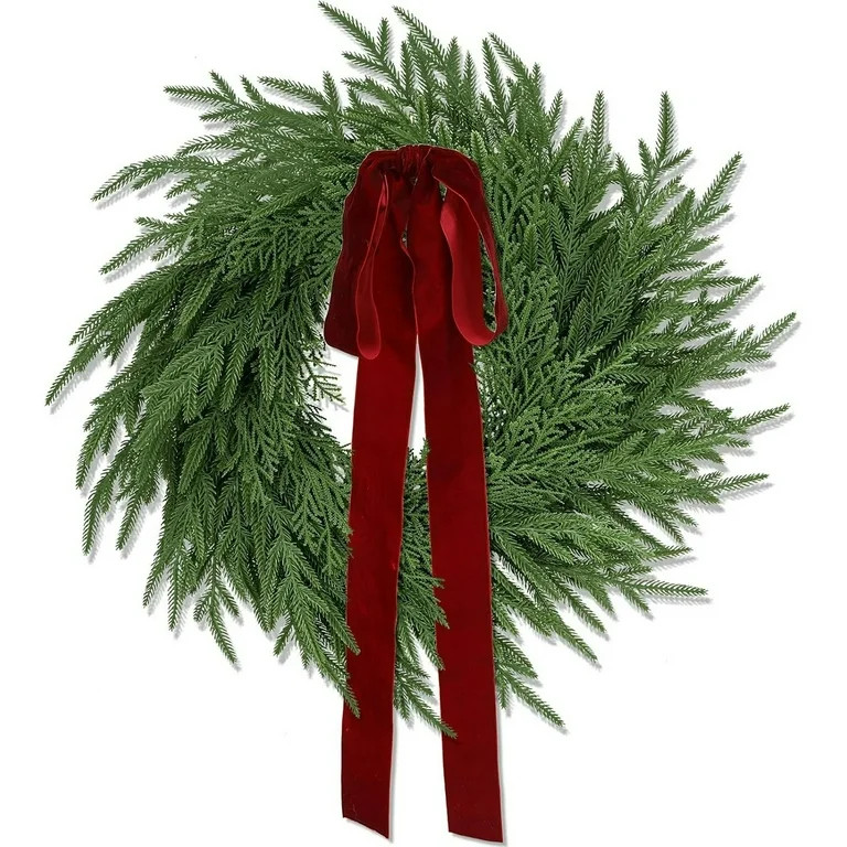 23" Norfolk Pine & Cedar Artificial Christmas Wreath | Faux Green Wreath with Red Velvet Bow | In... | Walmart (US)