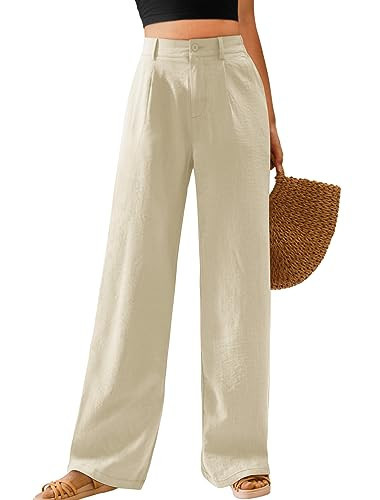 Feiersi Womens Casual Wide Leg Pants High Waisted Button Down Straight Long Trousers Palazzo Pants(Light Khaki,Medium) | Amazon (US)