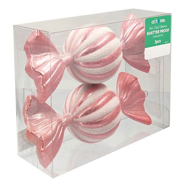 Mrs. Claus' Bakery 2-Count Pink & White Candy Shatterproof Ornaments, 6.3" | At Home