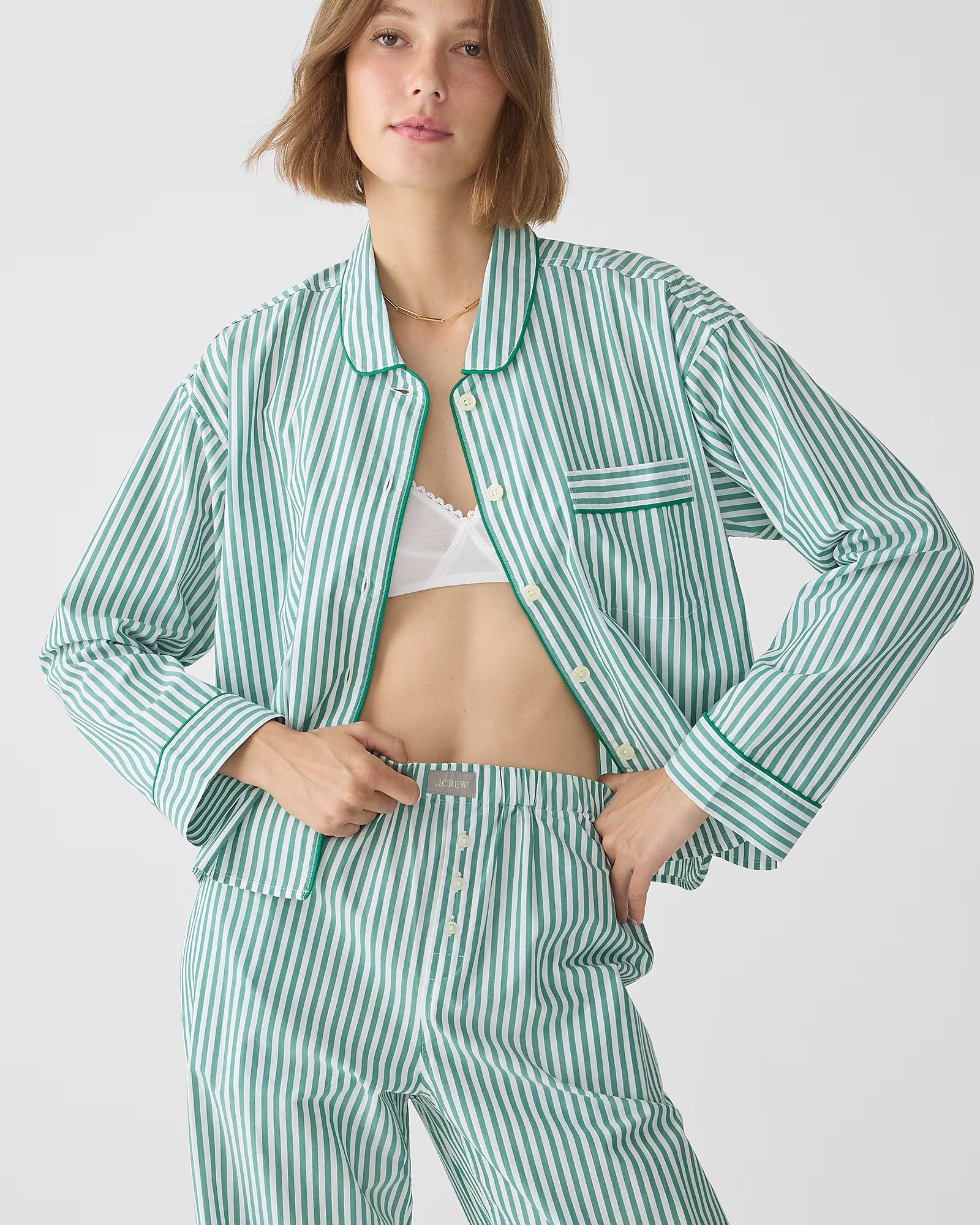 3.0(5 REVIEWS)Long-sleeve cropped pajama pant set in striped cotton poplin | J.Crew US