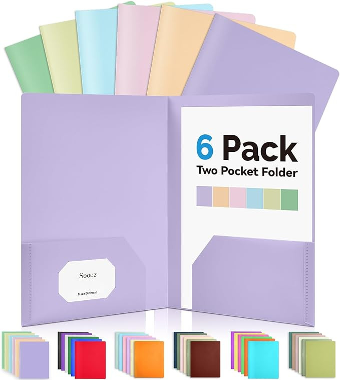 Sooez 6Pack Folders with Pockets, Pastel Colors, Heavy Duty Pocket Folders, Plastic Folders with ... | Amazon (US)