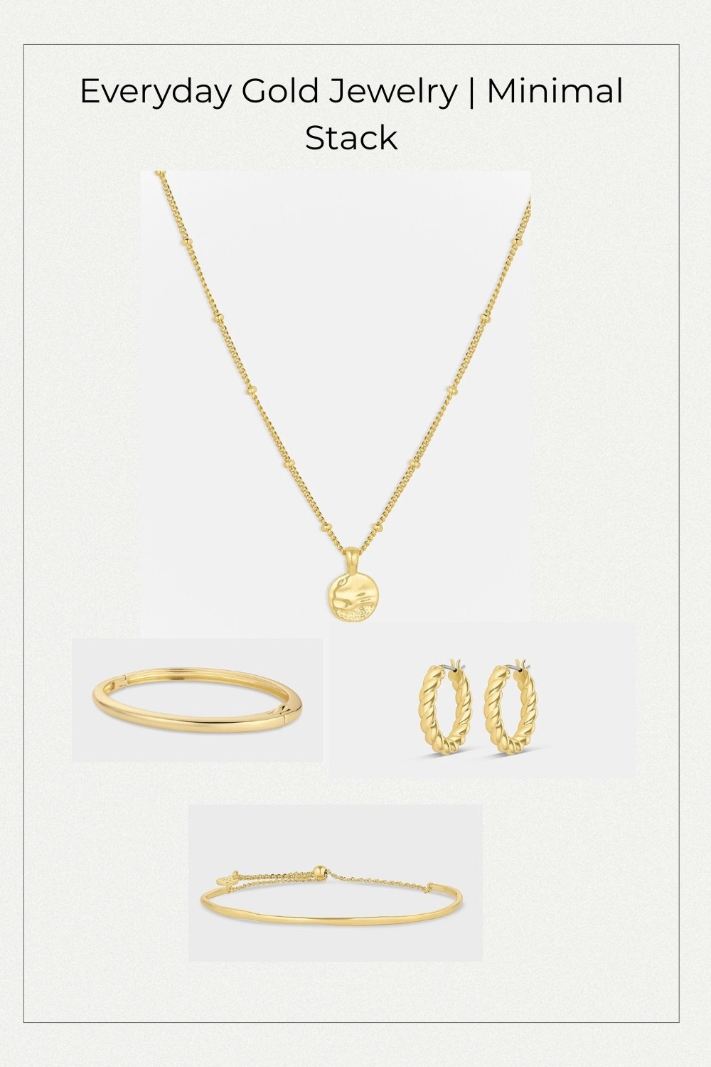 Minimal gold jewelry styled together for an effortless everyday look. Timeless, versatile pieces that elevate any outfit.#LTKunder100#LTKjewelry

#LTKootd