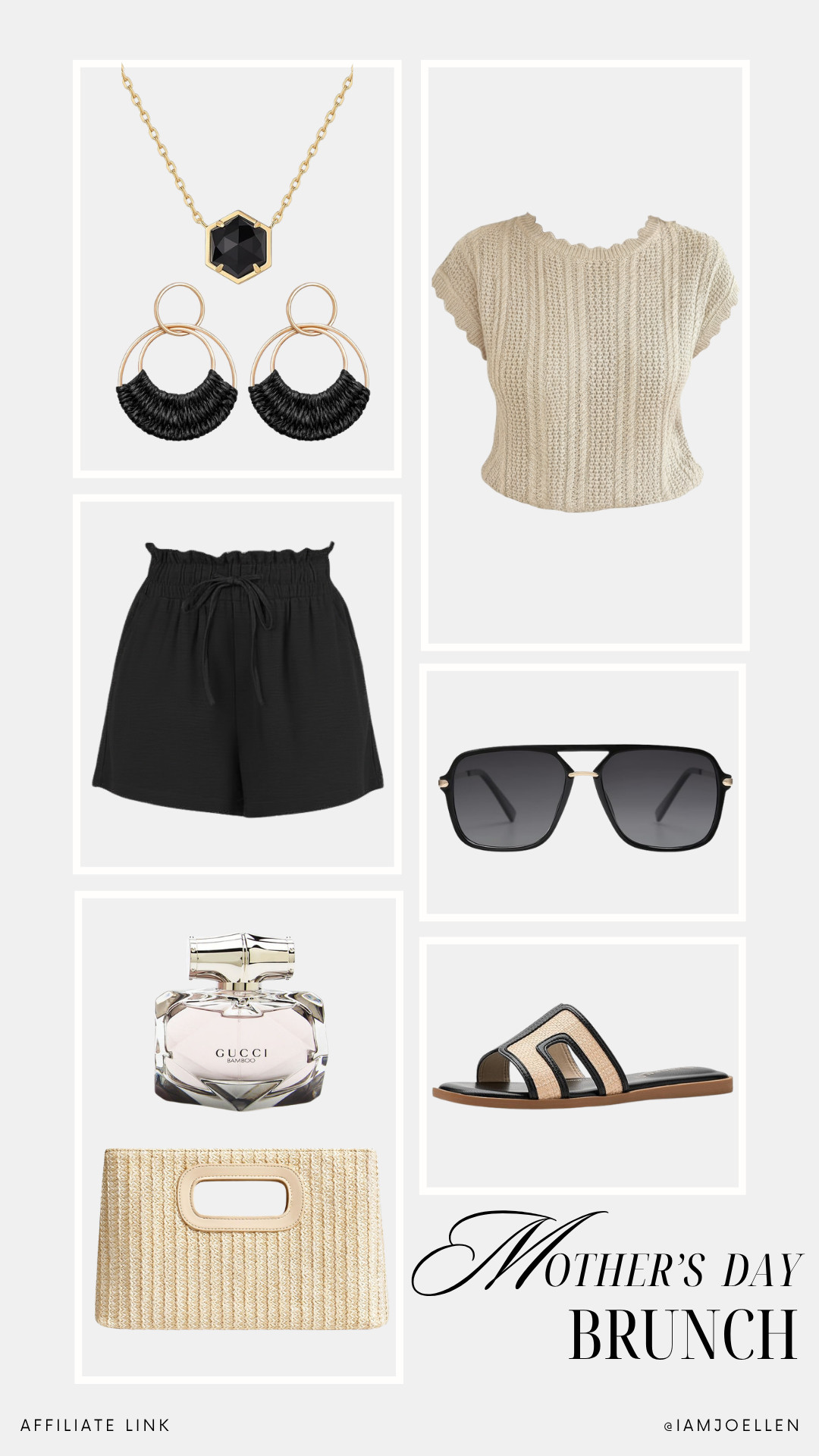 Mother's Day brunch outfit ideas! This chic knit top with black shorts is perfect for a casual yet stylish brunch. Pair with the statement necklace, sunglasses, and a woven clutch. Add a hint of luxury with a signature scent. 

 #MothersDayBrunch #ChicStyle 

 #LTKMothersDay #LTKootd #LTKmomlife