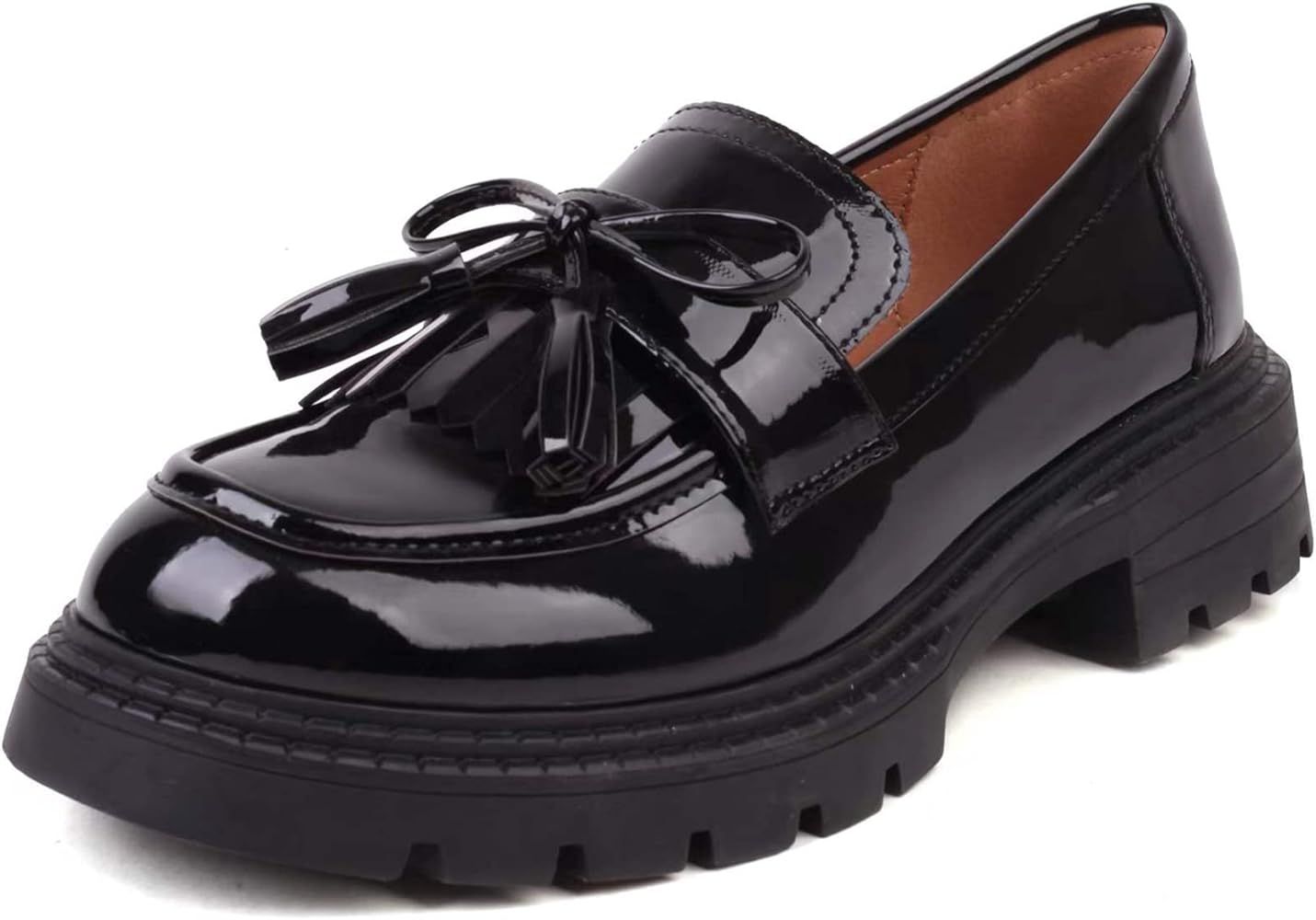British Style Women's Fashion Loafers, Patent Leather Tassel Loafers, Black Thick-Soled Loafers, ... | Amazon (US)
