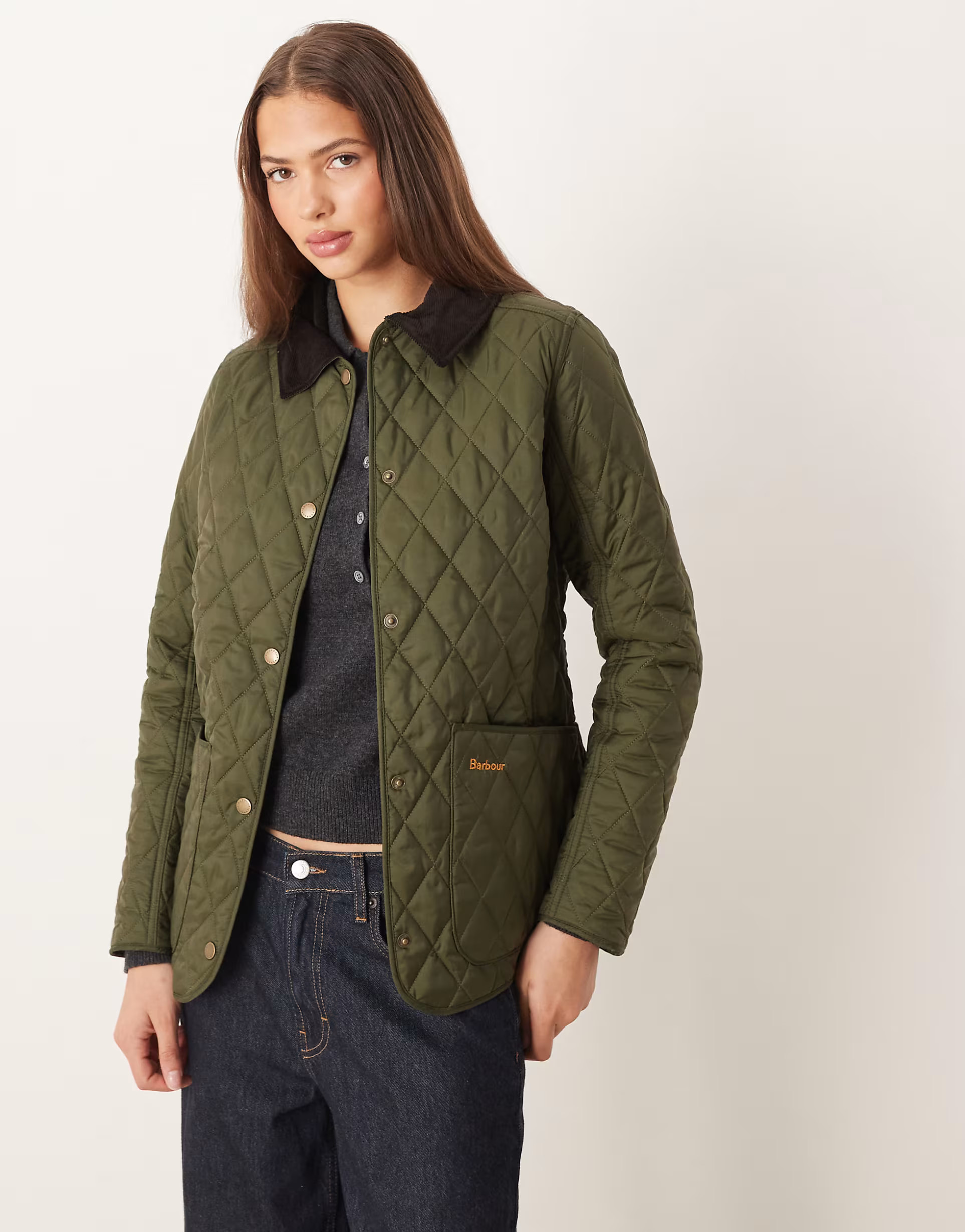 Barbour Annandale diamond quilt jacket with cord collar in olive | ASOS (Global)