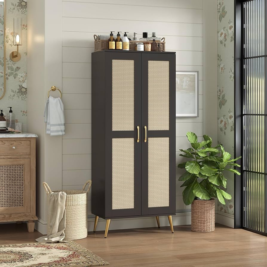 Bathroom Floor Storage Cabinet with Rattan Doors, Kitchen Pantry Cabinet, Adjustable Shelves, 57"... | Amazon (US)