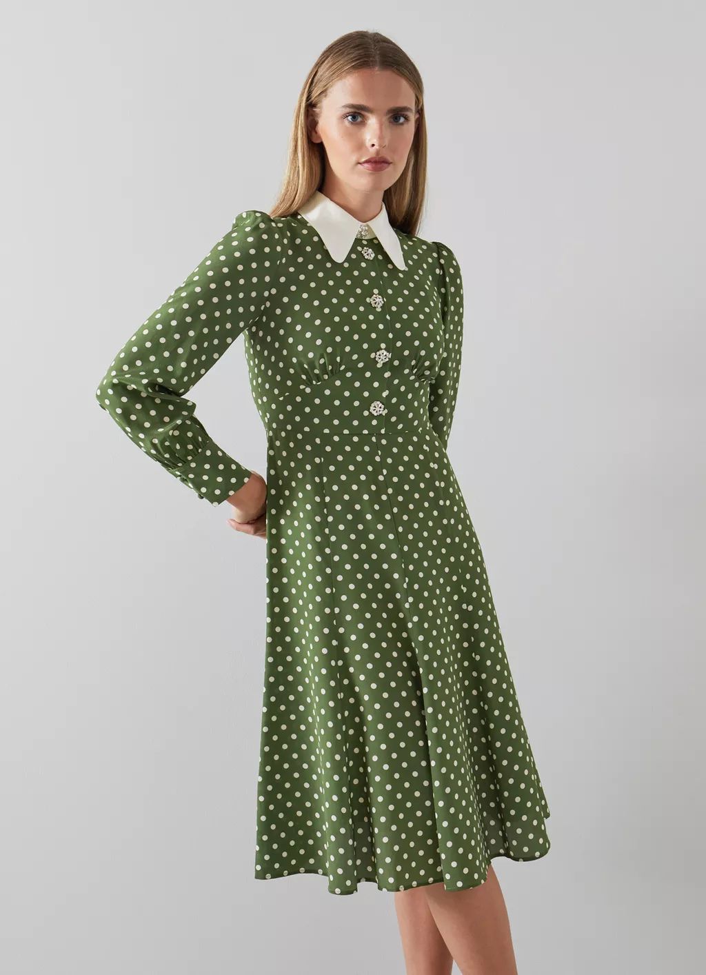 Mathilde Green And Cream Polka Dot Silk Tea Dress | L.K. Bennett (UK)