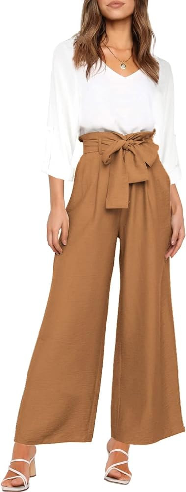 FANCYINN Womens 2 Piece Outfit Set V Neck Long Sleeves Tops High Waisted Paper Bag Pants with Bel... | Amazon (US)