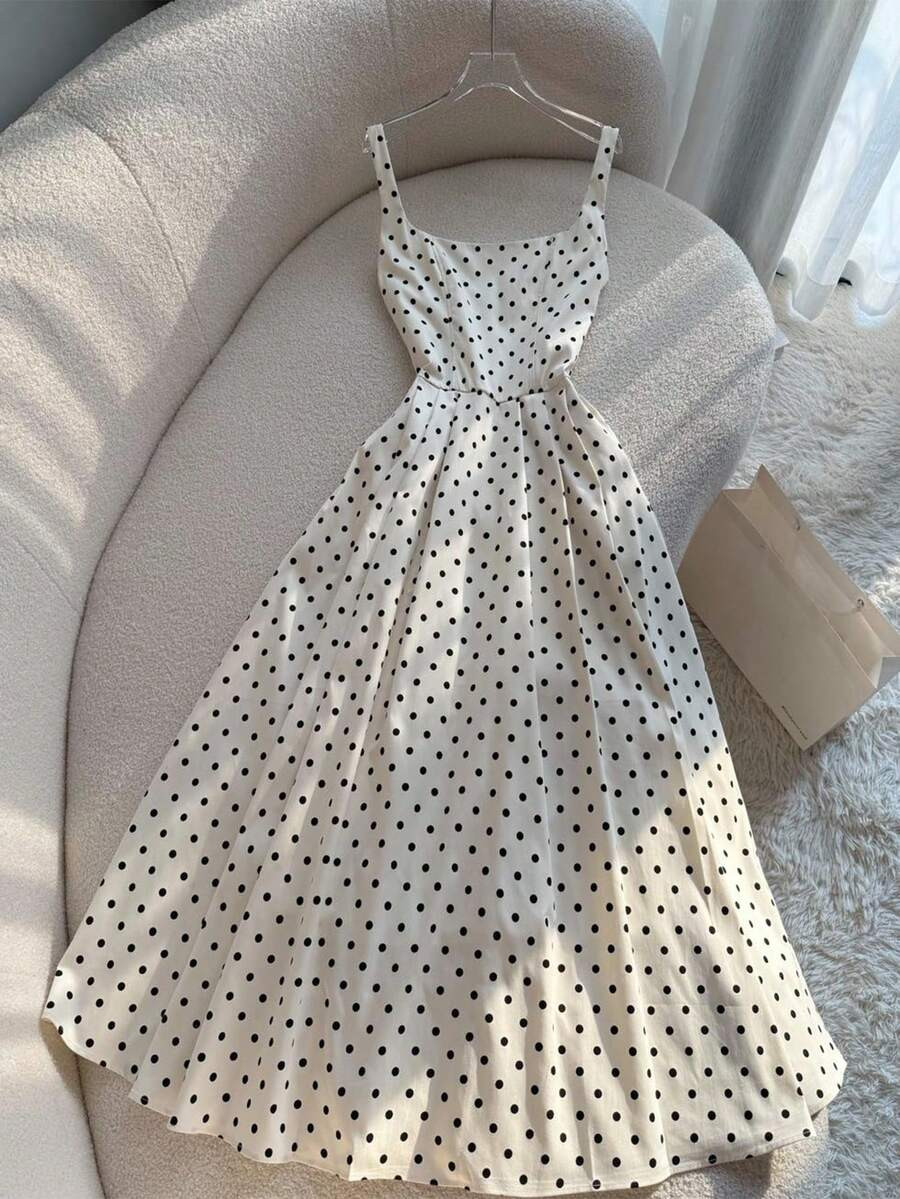 Resyla Women's Vintage French Style Polka Dot Beach Holiday Spaghetti Strap Maxi Dress | SHEIN