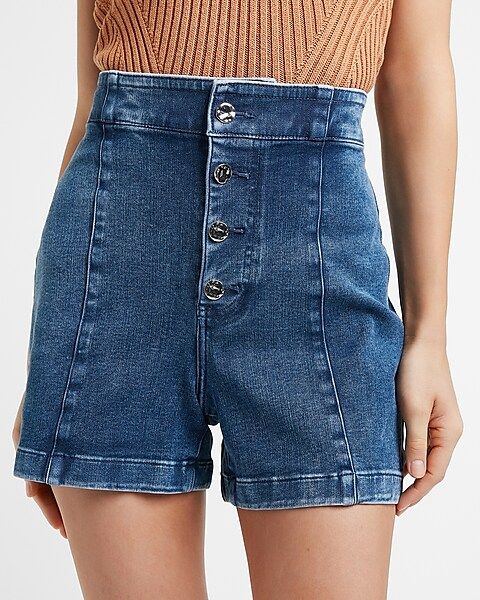 Super High Waisted Shiny Button Fly Jean Shorts | Express