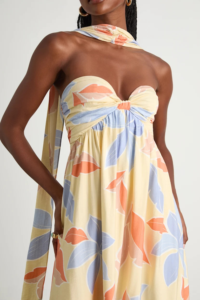 Kelia Light Yellow Leaf Print Midi Dress and Scarf Set | Lulus