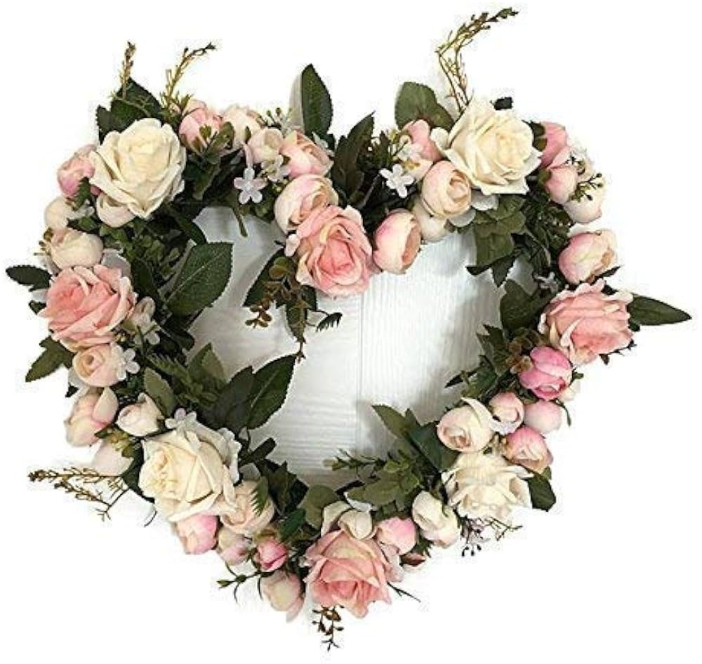 Adeeing Vintage Art Simulation Rose Flowers Wreath Pink Heart-Shaped Garland for Home Wedding Dec... | Amazon (US)