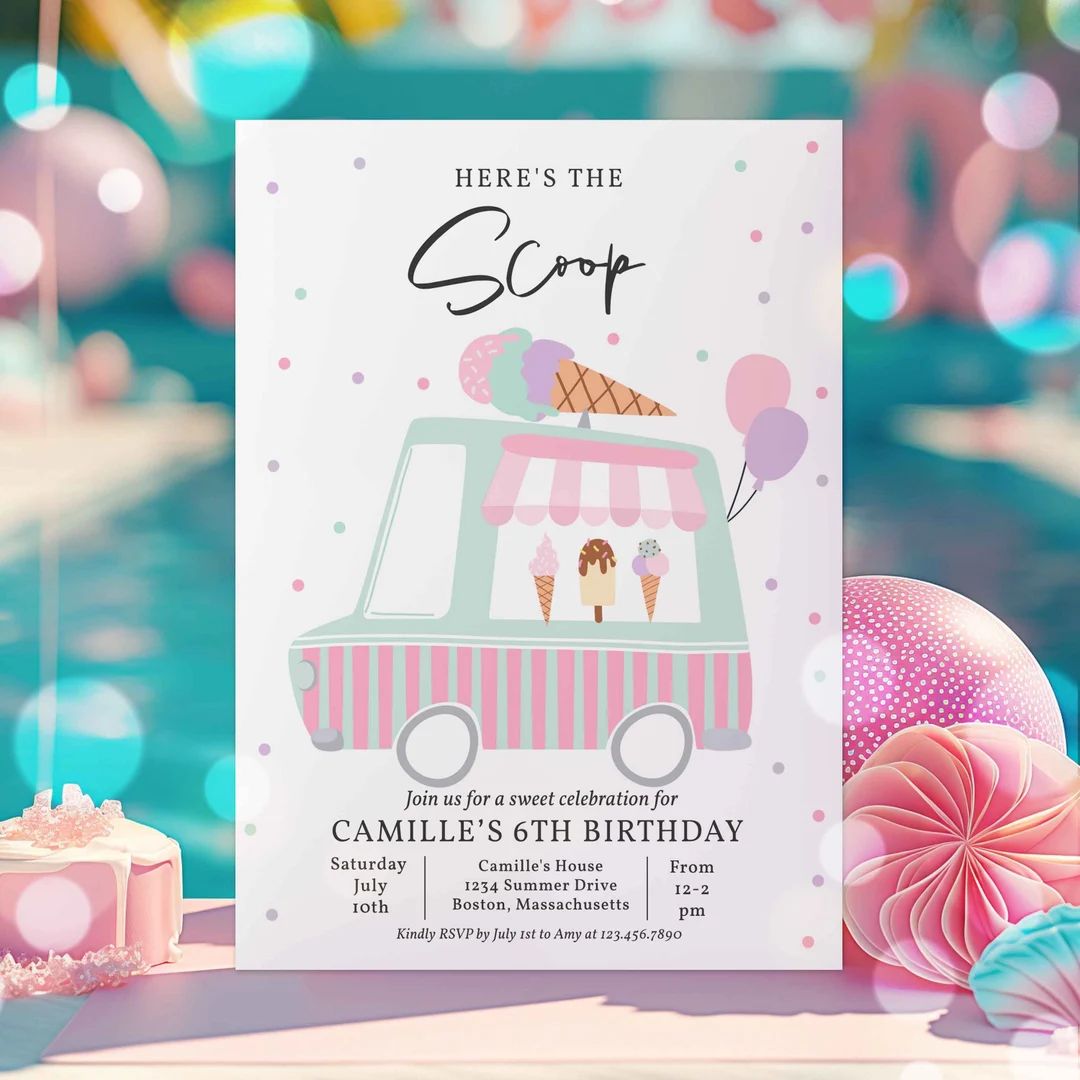 Editable Ice Cream Truck Birthday Party Invitation Here's the Scoop Ice Cream Birthday Party Swee... | Etsy (US)