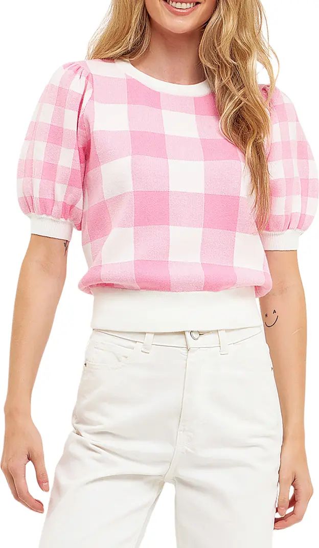 English Factory Gingham Puff Sleeve Sweater | Nordstrom | Nordstrom