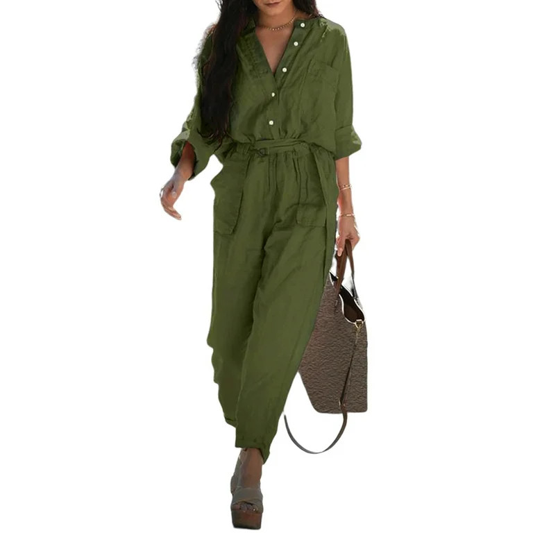 YAGHYAGH S-5XL Womens Cotton Linen Long Sleeve Belted Jumpsuit Romper | Walmart (US)