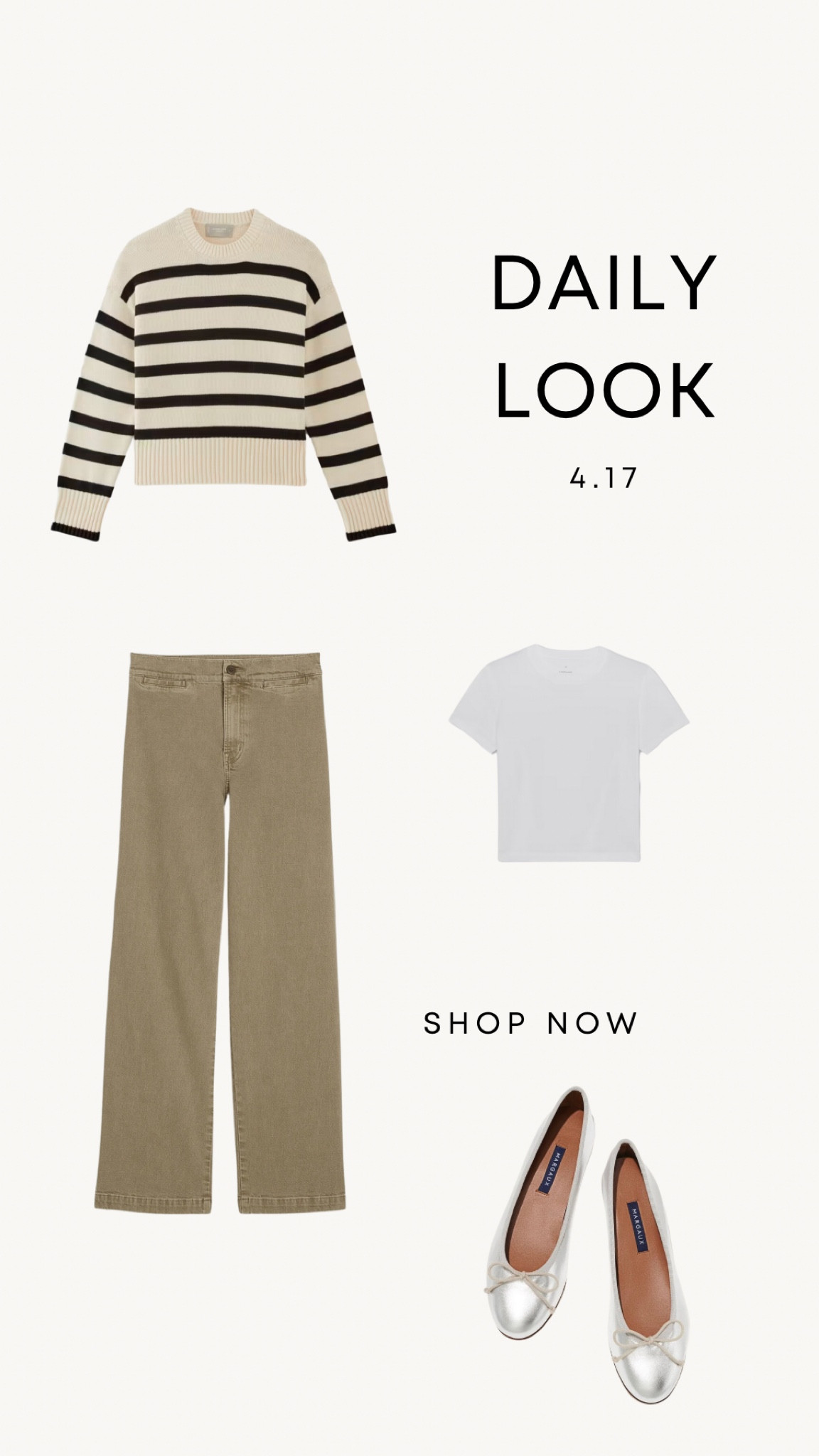 Daily Look 4.17 | white tee, striped sweater, khaki jeans, silver ballet flats. 

Spring outfit
Spring style
Classic style
Neutral outfits
Capsule style
Minimal outfits 

#LTKstyletip #LTKshoecrush #LTKsalealert