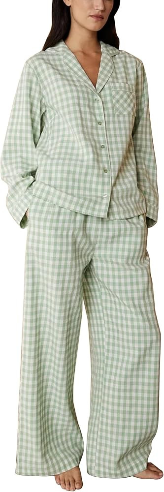 Women 2 Piece Plaid Pajamas Sets Button Down Long Sleeve Blouse Loose Pant Lounge Set Casual Ging... | Amazon (US)