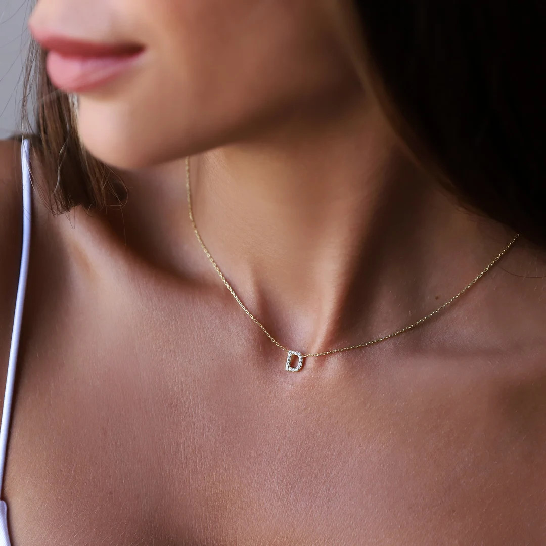 Dainty CZ Diamond Initial Necklace, Sterling Silver Personalized Jewelry - Etsy | Etsy (US)