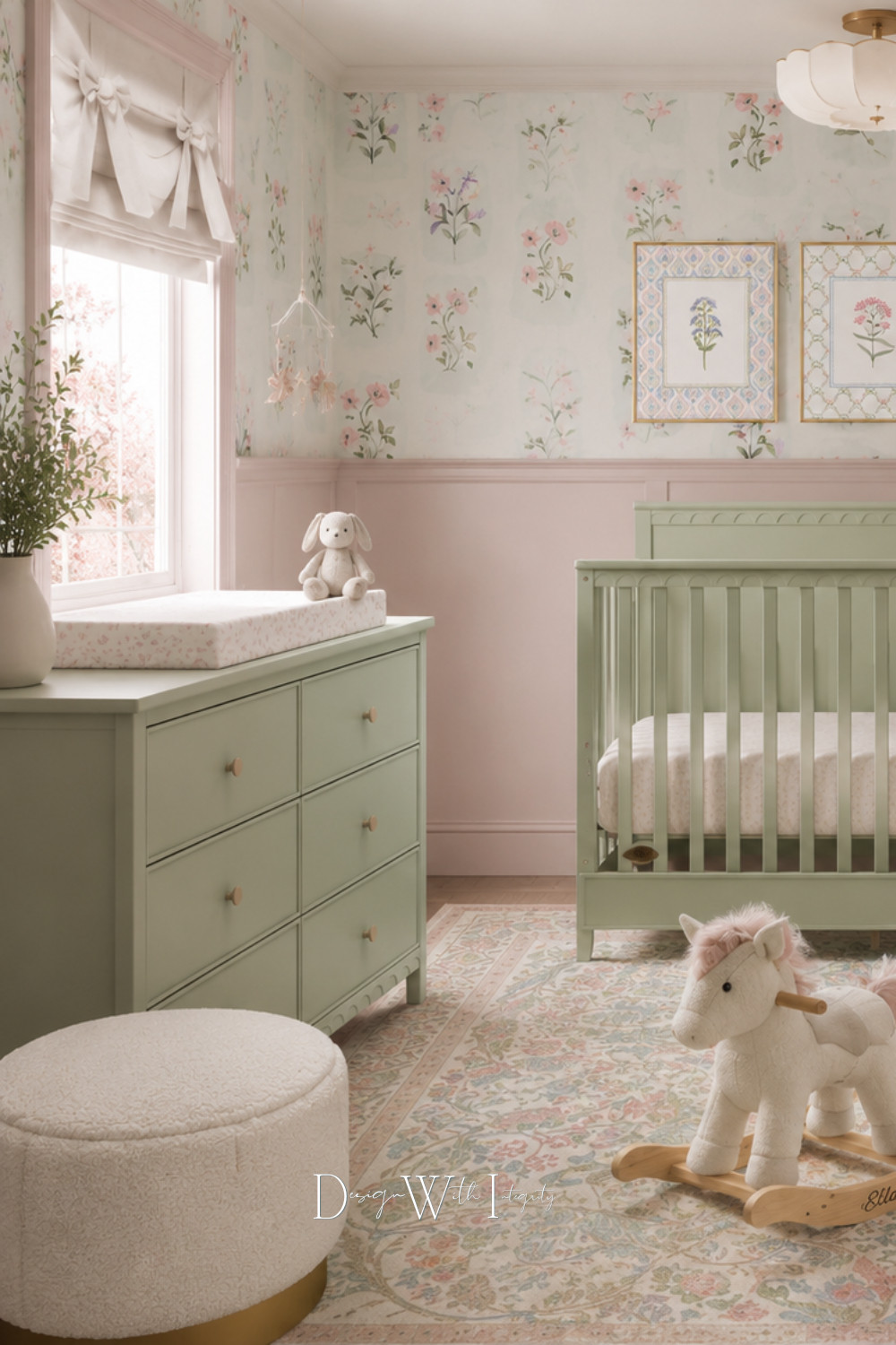 Soft color palettes have a way of making a room feel instantly peaceful, and this nursery is designed to do exactly that.

Blending muted sage green, blush pink, warm ivory, and delicate botanical florals, this space feels timeless, airy, and thoughtfully layered. A painted sage dresser and matching crib bring subtle color while allowing the floral wallpaper to become the focal point. The vintage inspired area rug softens the room with gentle pattern and texture, while the boucle ottoman, natural wood accents, framed botanical artwork, and whimsical rocking unicorn create a space that feels equal parts elegant and playful.

Every detail was selected to create a nursery that can grow beautifully alongside your little one while offering a calming retreat for everyday moments.

If you're planning your own nursery, Shop the Look on LTK to explore the carefully curated furniture, lighting, rugs, and decor that inspired this design and recreate the space in your own home.

This room began as one of my digital mood board concepts and was later transformed into an AI generated visualization to help homeowners see how thoughtfully sourced pieces come together in a realistic, beautifully styled space.

#NurseryDesign #LTKHome #InteriorDesign 

 #LTKHome