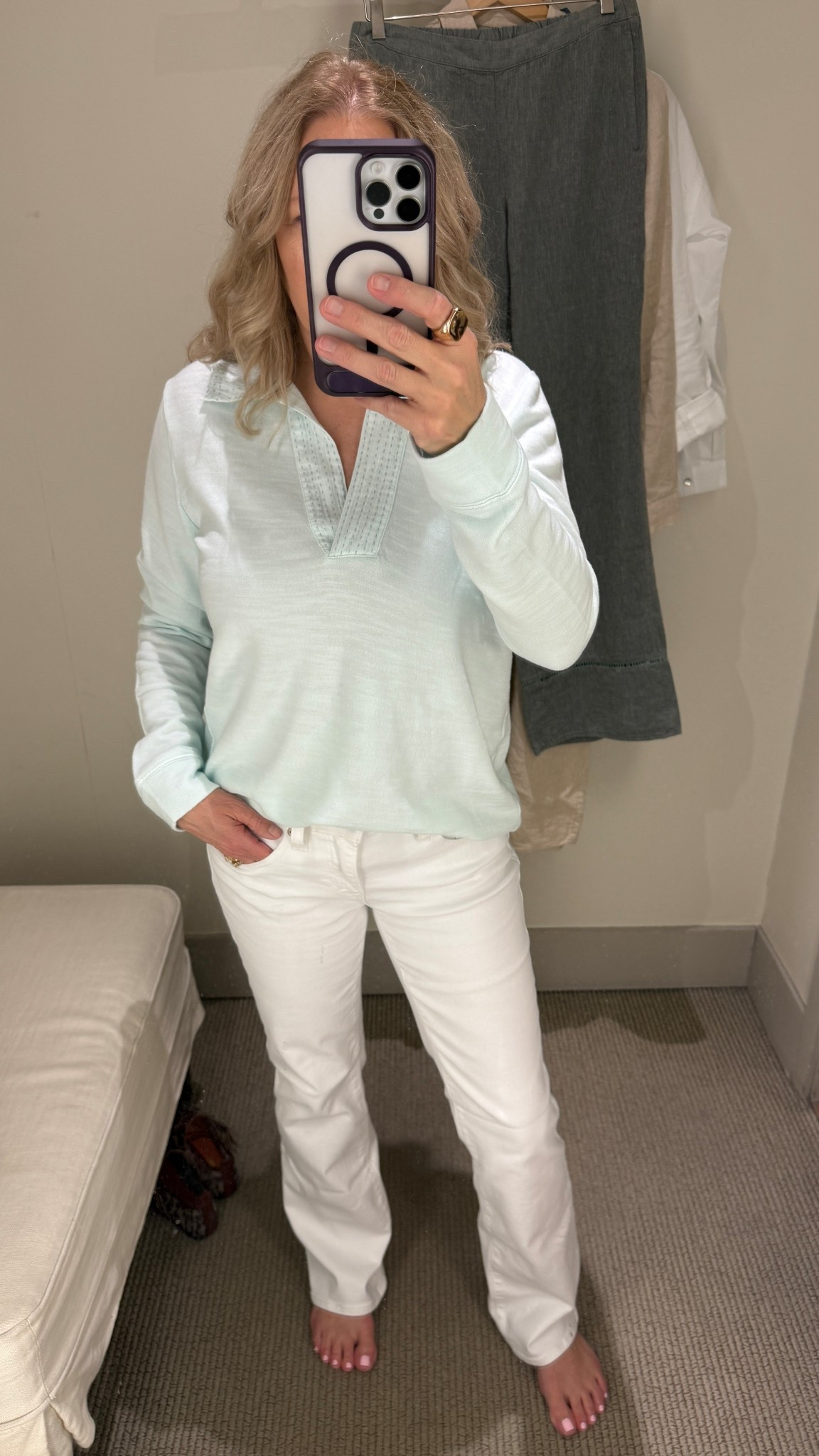 J Jill top size small. Gap jeans size 27 regular.  This top would be great for traveling, running errands or just lounging around the house. I love the stitching detail on the collar. Gives it a more elevated look. Soft sweatshirt like material but not heavy. Mint green color in person. Looks different online.

#LTKootd