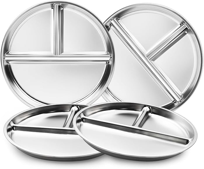 Bakpoco Stainless Steel Kids Plates Set of 4, 9" Portion Control Plates Divided Plate for Adults ... | Amazon (US)