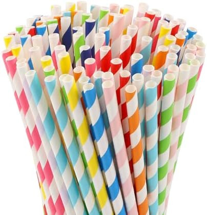 100 Pcs Biodegradable Paper Straws, Assorted Rainbow Colors Striped, 10 Colors for Drinks, Partie... | Amazon (US)