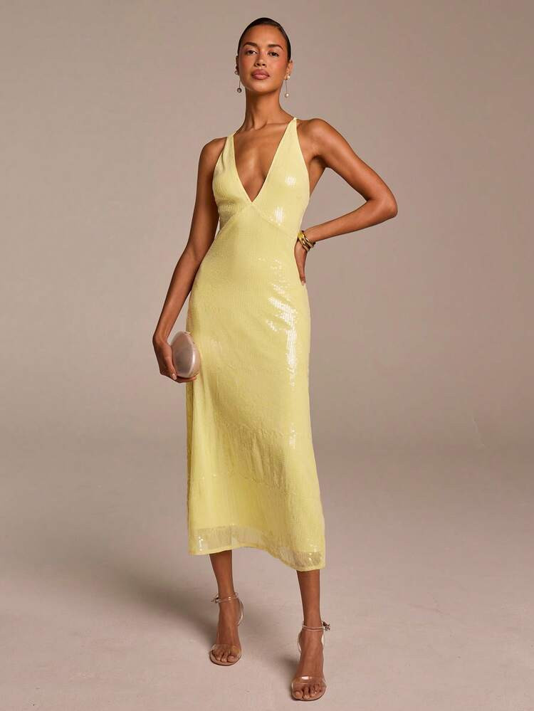 COSMINA Women's Sequin Dress, Summer Dress For Women, Wedding Guest Dress, Party Dress, Cocktail Dress, Date Dress, Vacation Dress, Banquet Dress, Yellow Dress | SHEIN