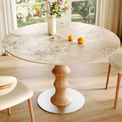 Sintered Stone Round Dining Table, Circle Kitchen Table For 2-4, Bamboo-inspired Shape Base Solid Wood Dinner Table For Dining Room, Breakfast Nook Or | Wayfair North America