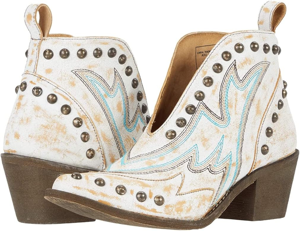 Corral Boots Women's Q0167 Leather Cowgirl Booties | Studded Pointed Toe 2 7/16" Mid-Heel Comfortabl | Amazon (US)