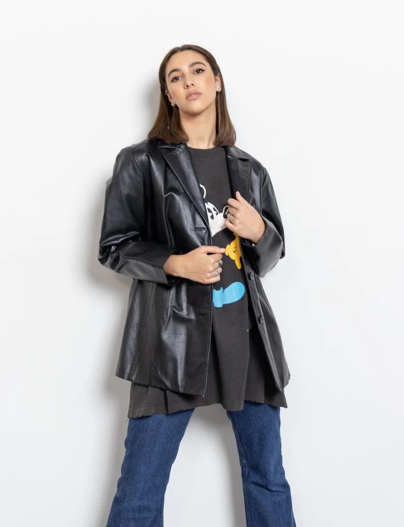 BLACK LEATHER BLAZER Vintage Jacket Coat Women Fall Spring - Etsy | Etsy (US)