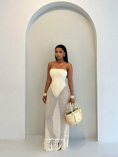 SHEIN BamGlam Ladies' Beach Summer Crochet Mesh Tassel Hem Dress, Fake Two-Piece Design, Jumpsuit... | SHEIN