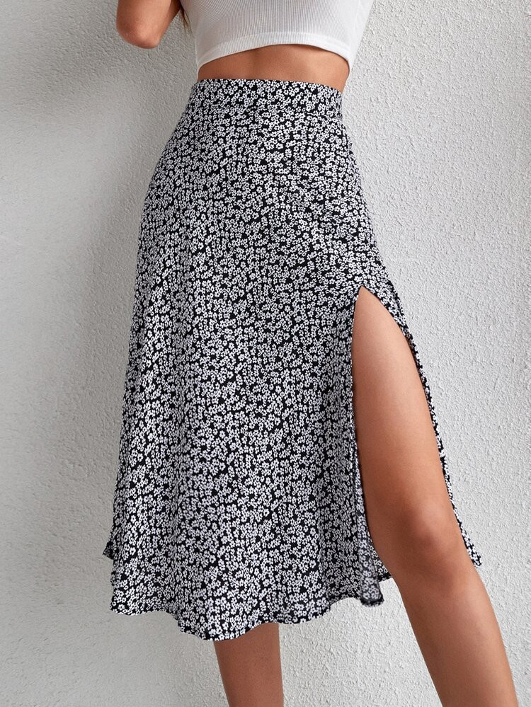 Ditsy Floral Print Split Thigh Skirt | SHEIN