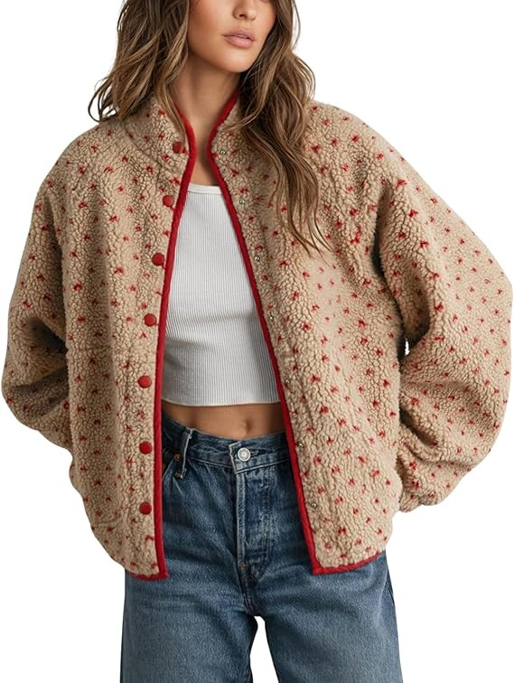 Women's Fleece Jacket Button Down Lapel Collar Sherpa Jackets Long Sleeve Contrast Quilted Outerw... | Amazon (US)