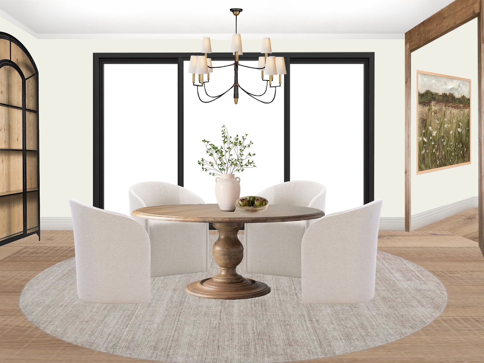 Modern farmhouse dining nook with oversized black sliding doors and wood trim accents

#LTKHome