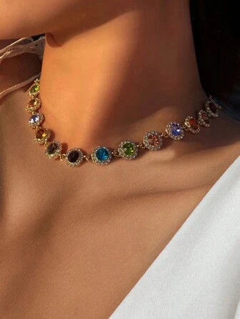 1pc Full Diamond Colored Crystal Cubic Zirconia Necklace, Exaggerated And Boutique Stylish Dopami... | SHEIN