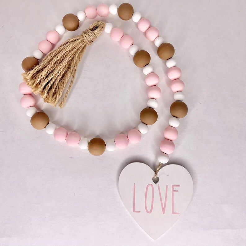 Valentine's Day Pink Brown Love wood brag garland with tassel | Etsy (US)
