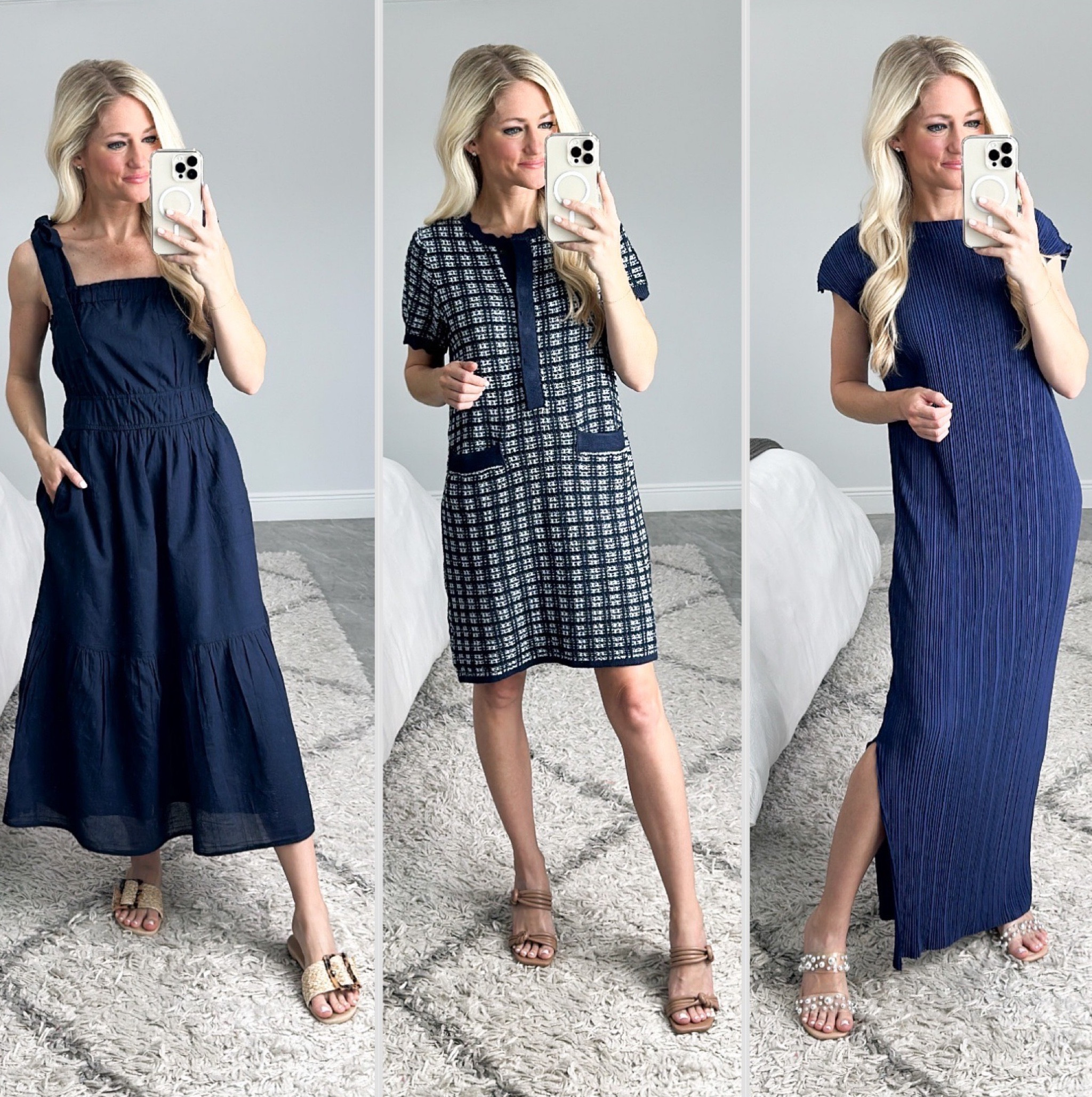 Navy blue dresses from Walmart! So many fun and trendy styles to pick from! Wearing XS in all dresses. First dress has pockets and tie straps. It is lined. Second dress is sweater material, very well made! And the crinkle dress has an extended sleeve. All dresses do come in more colors! 

#LTKstyletip #LTKunder50 #LTKFind